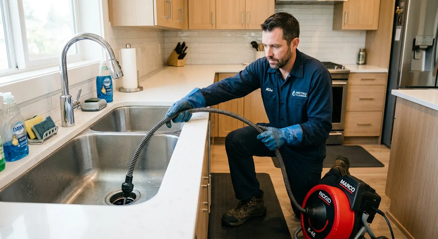 Drain cleaning technician using a motorized snake on a kitchen sink in Chambersburg