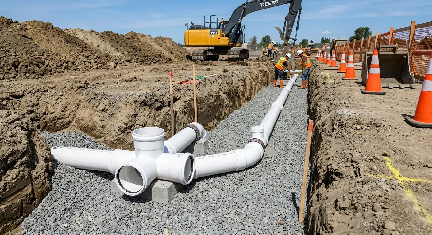 New PVC sewer pipe installation in open trench for Commercial Drain Cleaning in Chambersburg