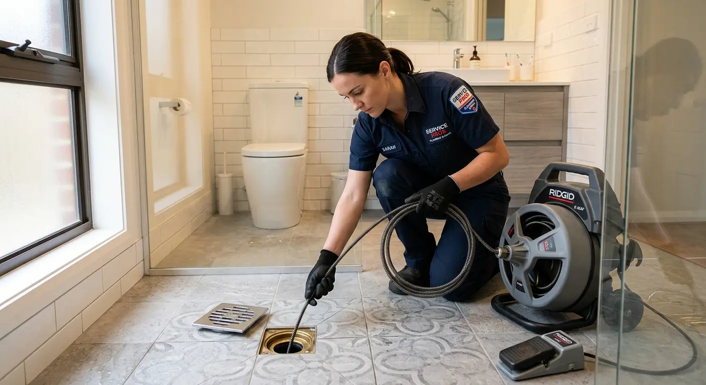 Technician clearing a bathroom floor drain for Clogged Drain Repair in Chambersburg